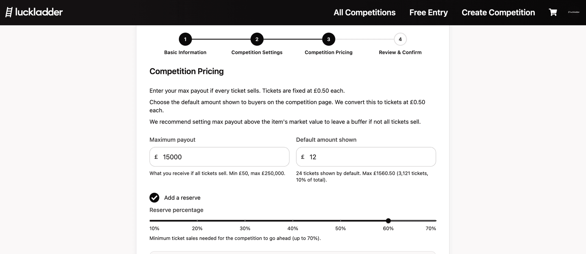 Competition Pricing with max payout, default amount, and 60 percent reserve highlighted
