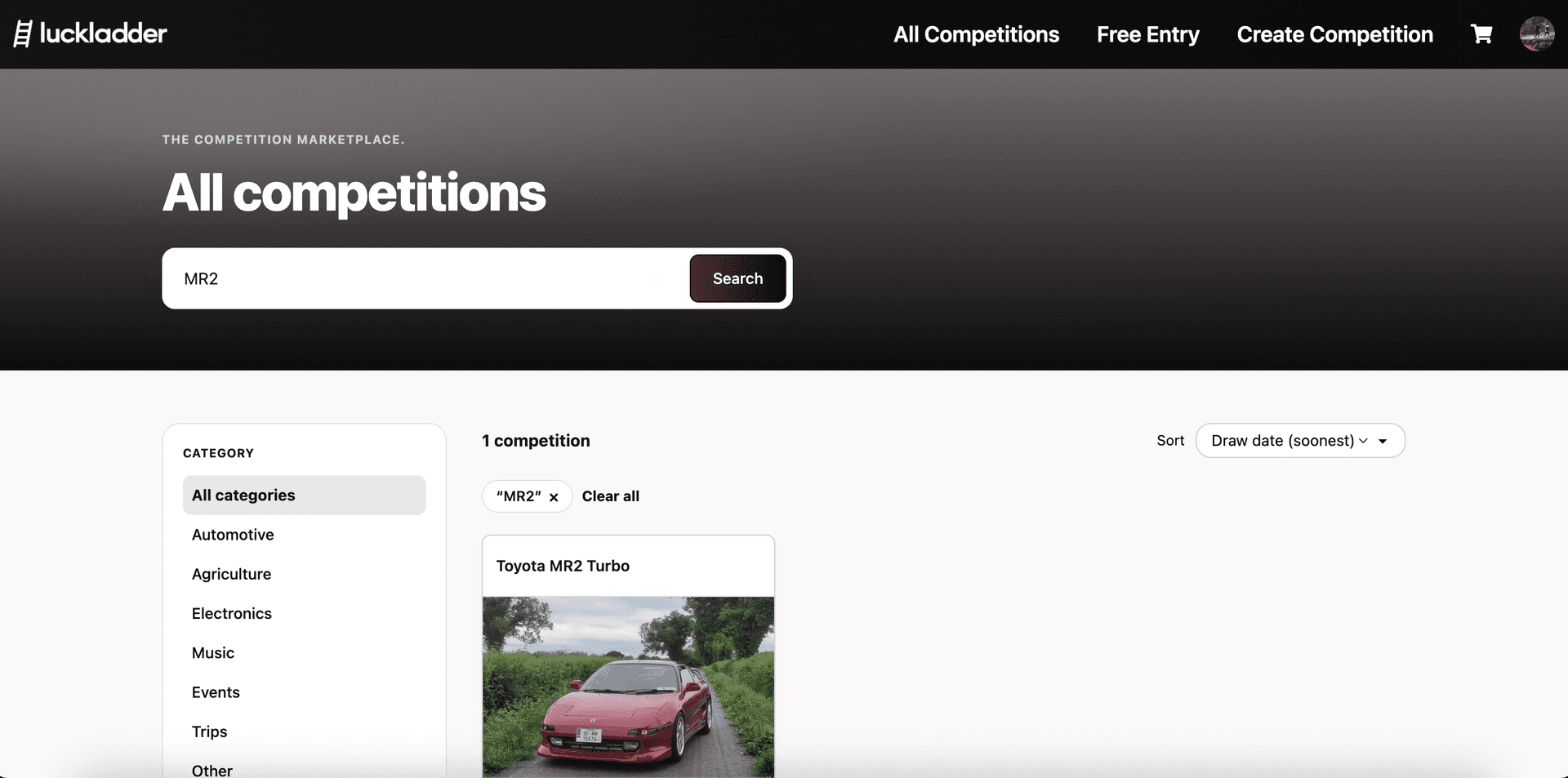 All competitions search results for MR2 showing the Toyota MR2 Turbo listing