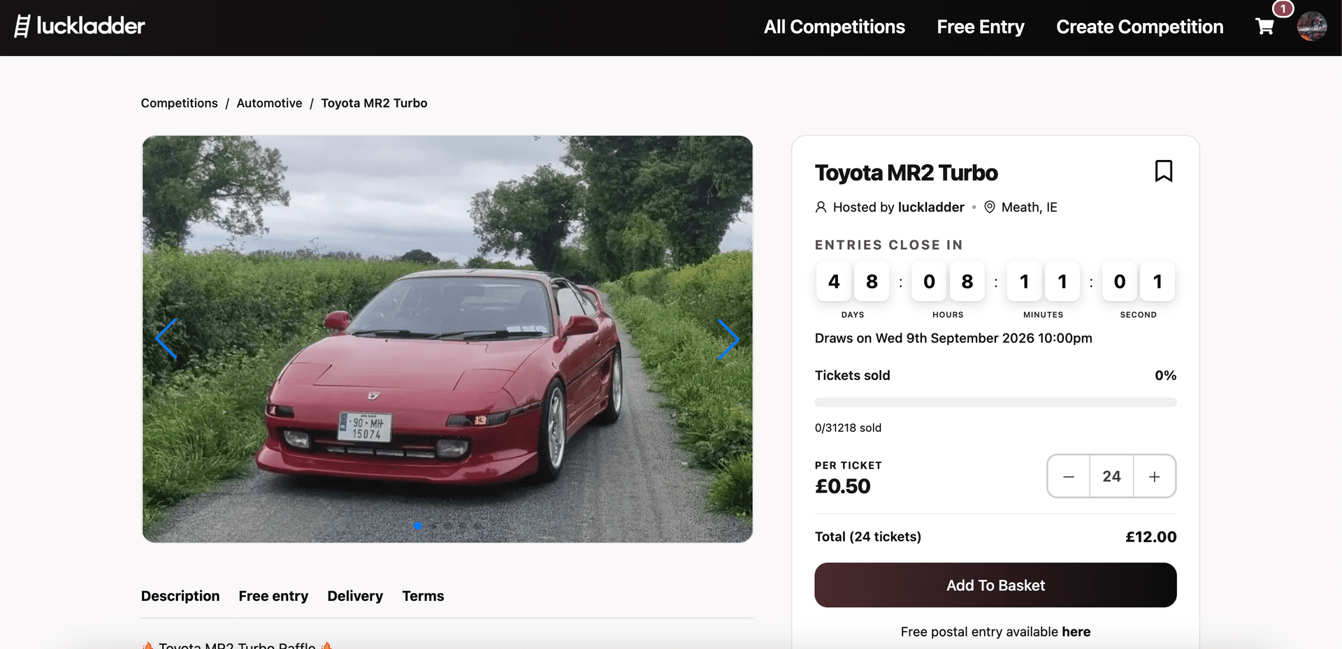 Toyota MR2 Turbo entry panel with 24 tickets selected at 50p each for £12.00