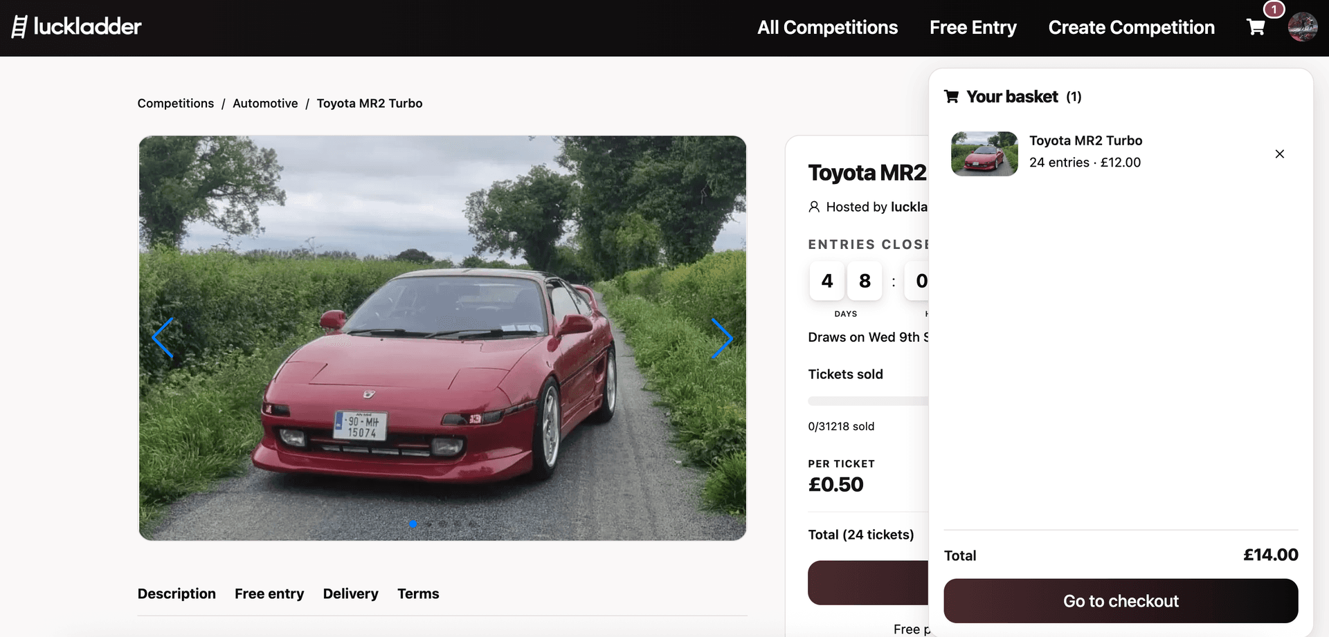 Your basket popover showing 24 Toyota MR2 Turbo entries for £12.00 and Go to checkout