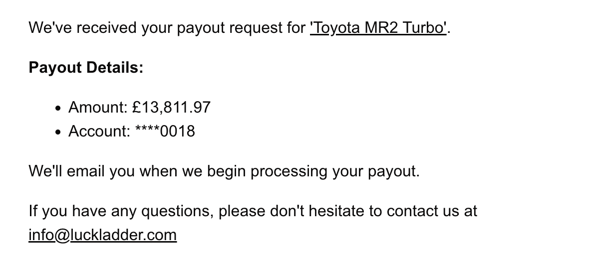 Email confirming host payout request received for Toyota MR2 Turbo with amount and account details