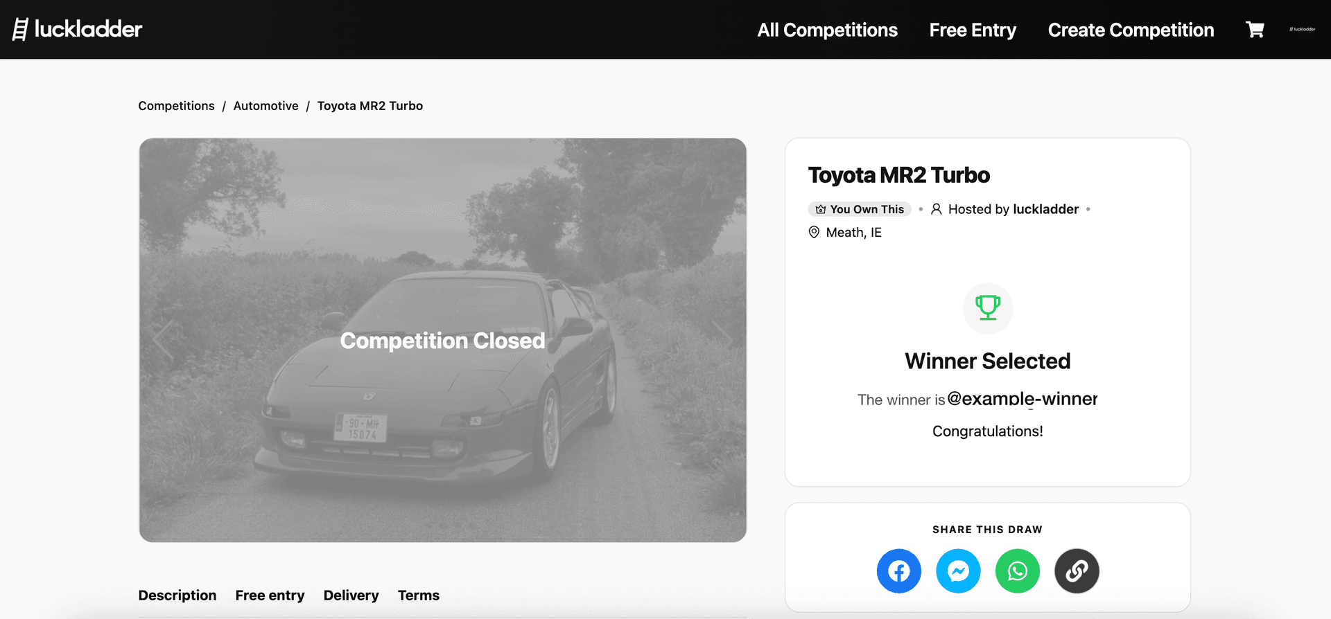 Toyota MR2 Turbo competition page showing Winner Selected for the host with You Own This badge