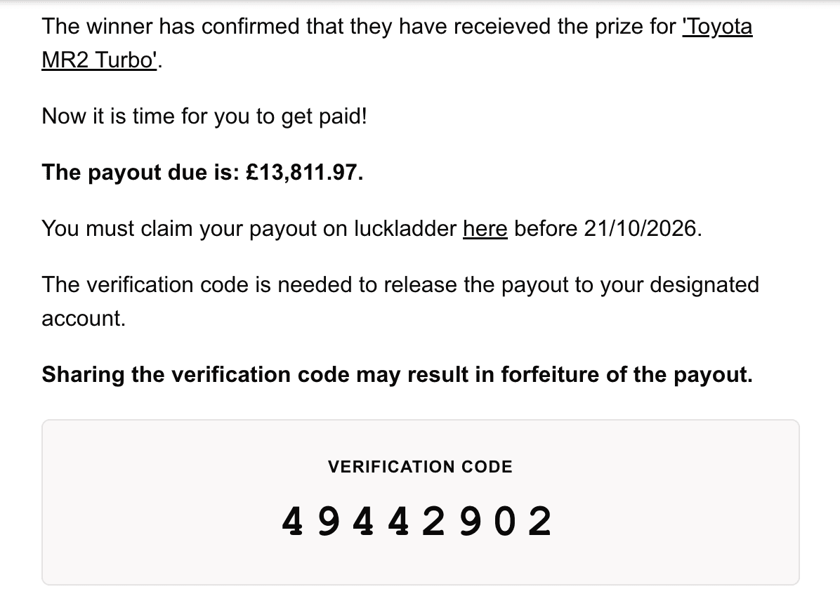 Host email showing payout amount due and personal verification code after winner confirmed prize